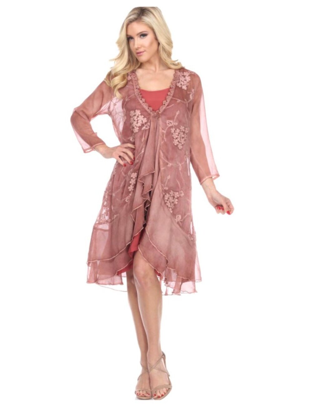 NWT PRETTY ANGEL Norway Ladies Sheer 3/4 Sleeve Long Ruffle Cardigan Rust S-M